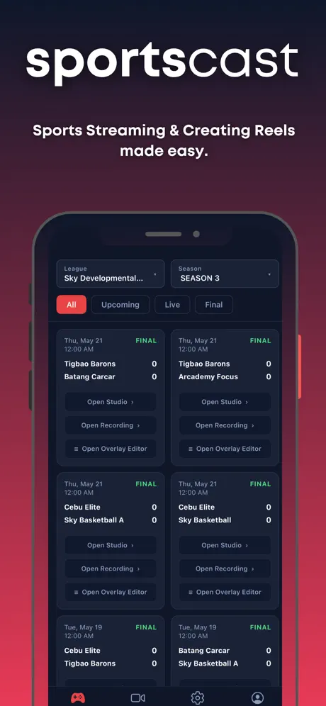 SportsCast app listing a league season's games, each with Open Studio, Open Recording and Open Overlay Editor buttons. Caption: Sports streaming and creating reels made easy.